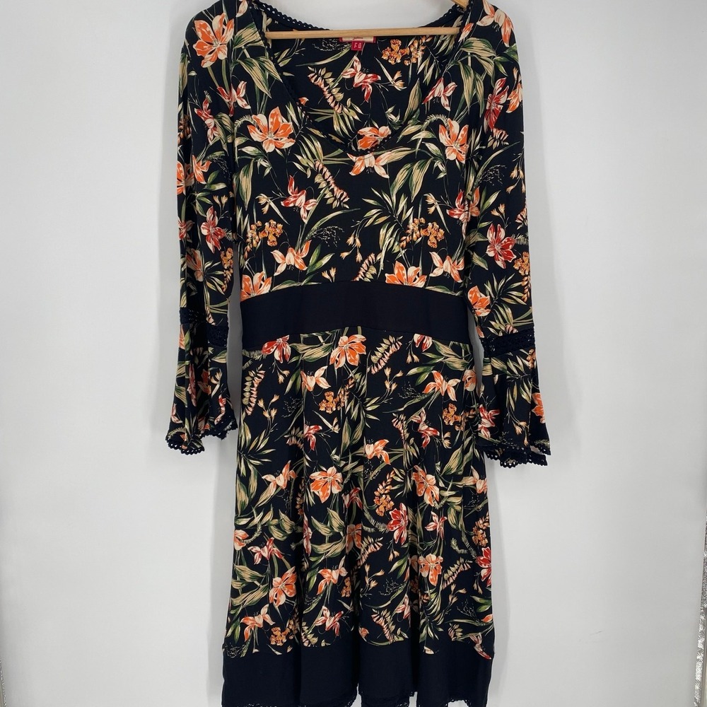 Joe Browns Dress Women's 14 Dark Floral Bohemian Trumpet‎ Sleeve Lace Crochet